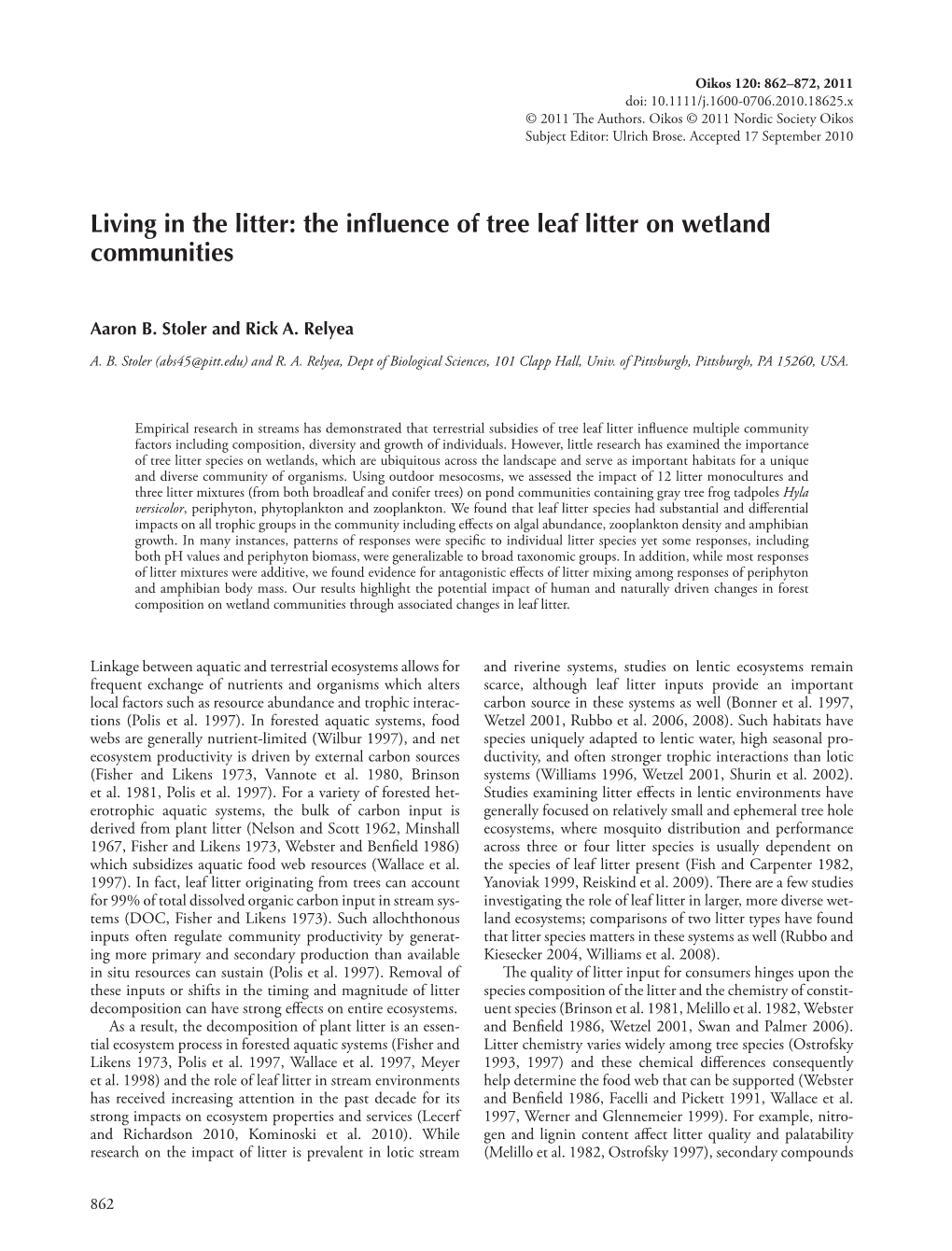 The Influence of Tree Leaf Litter on Wetland Communities