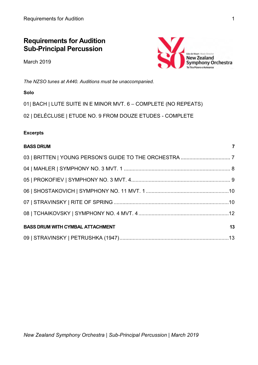 Requirements for Audition Sub-Principal Percussion