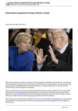 Emma Bonino Appointed Foreign Minister of Italy Published on Iitaly.Org (