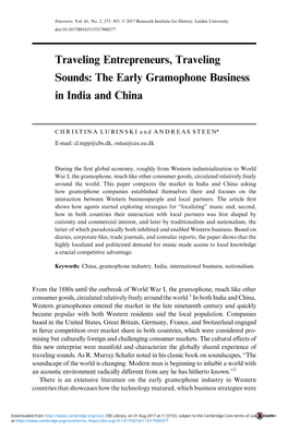 Traveling Entrepreneurs, Traveling Sounds: the Early Gramophone Business in India and China