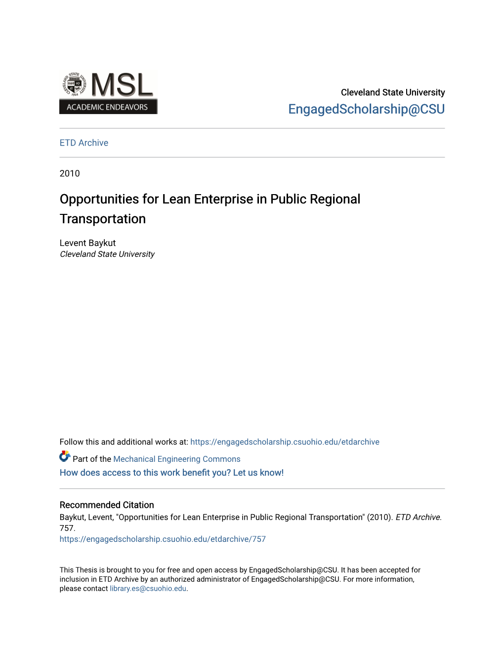 Opportunities for Lean Enterprise in Public Regional Transportation