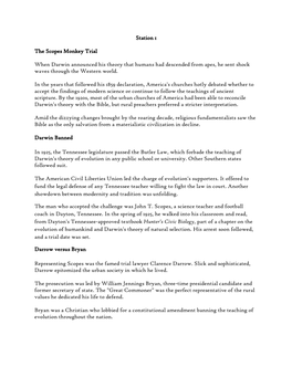 Station 1 the Scopes Monkey Trial When Darwin Announced His Theory That Humans Had Descended from Apes, He Sent Shock Waves Thro
