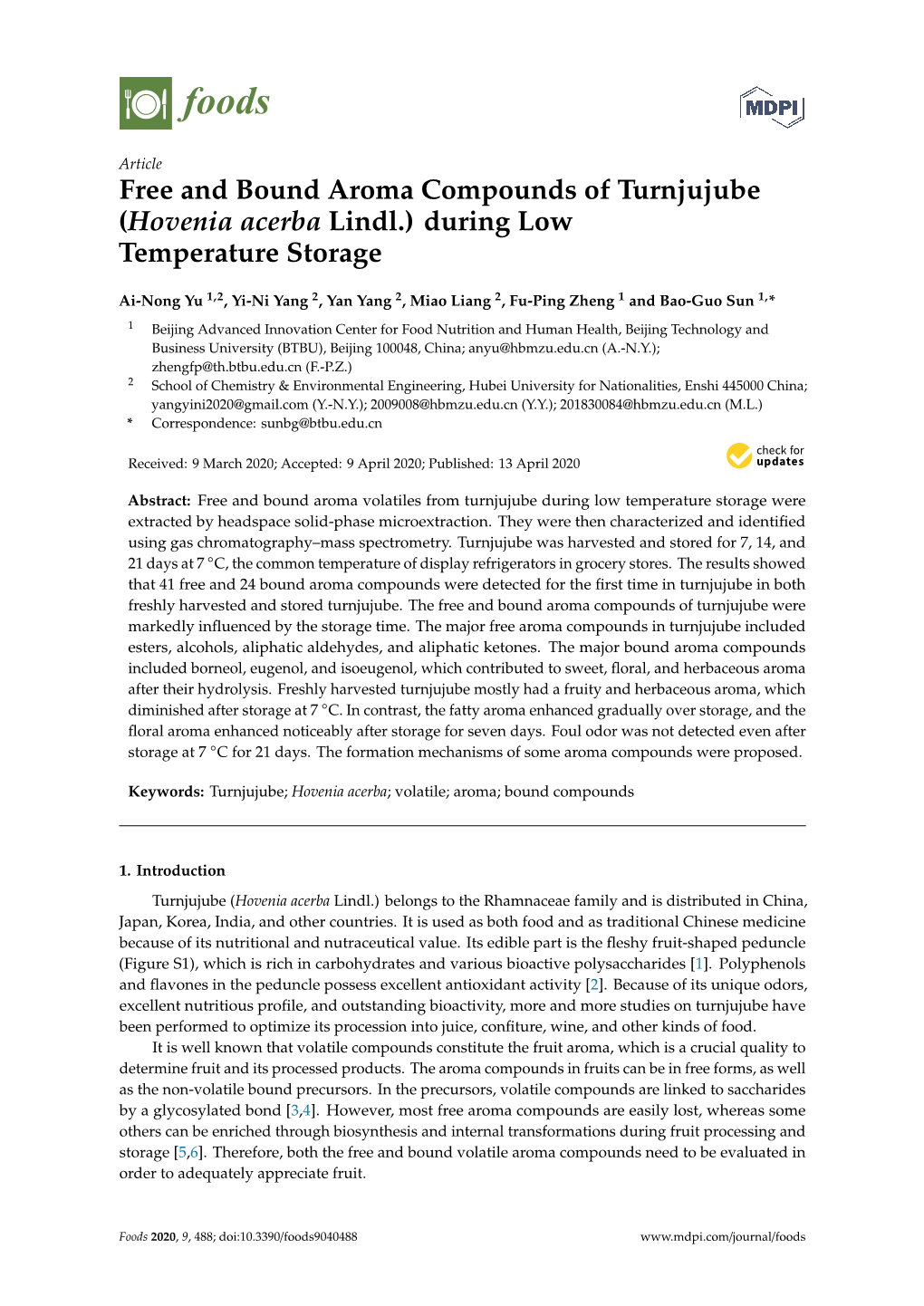 Free and Bound Aroma Compounds of Turnjujube (Hovenia Acerba Lindl.) During Low Temperature Storage