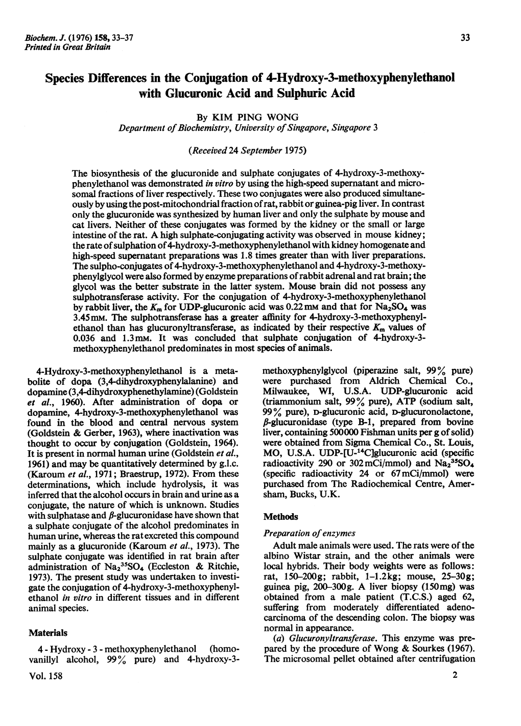 Species Differences in the Conjugation of 4-Hydroxy-3-Methoxyphenylethanol with Glucuronic Acid and Sulphuric Acid