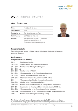 CV CURRICULUM VITAE Åsa Lindestam