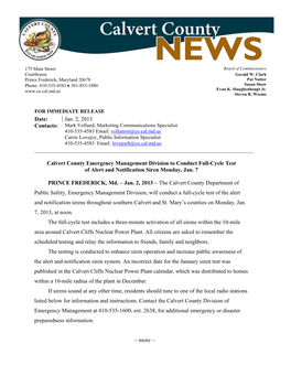 Date: Jan. 2, 2013 Calvert County Emergency Management Division