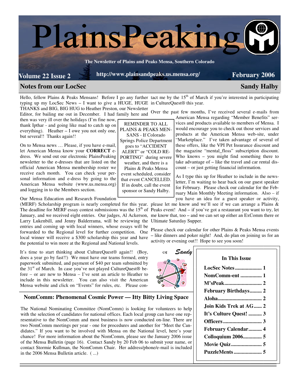 Volume 22 Issue 2 February 2006 Notes from Our Locsec Sandy Halby