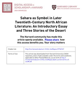 Sahara As Symbol in Later Twentieth-Century North African Literature: an Introductory Essay and Three Stories of the Desert