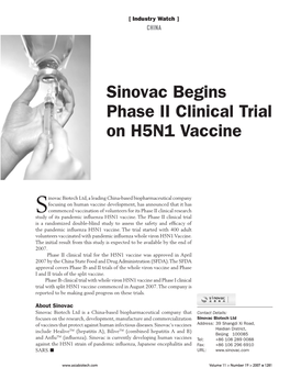 Sinovac Begins Phase II Clinical Trail on H5N1 Vaccine