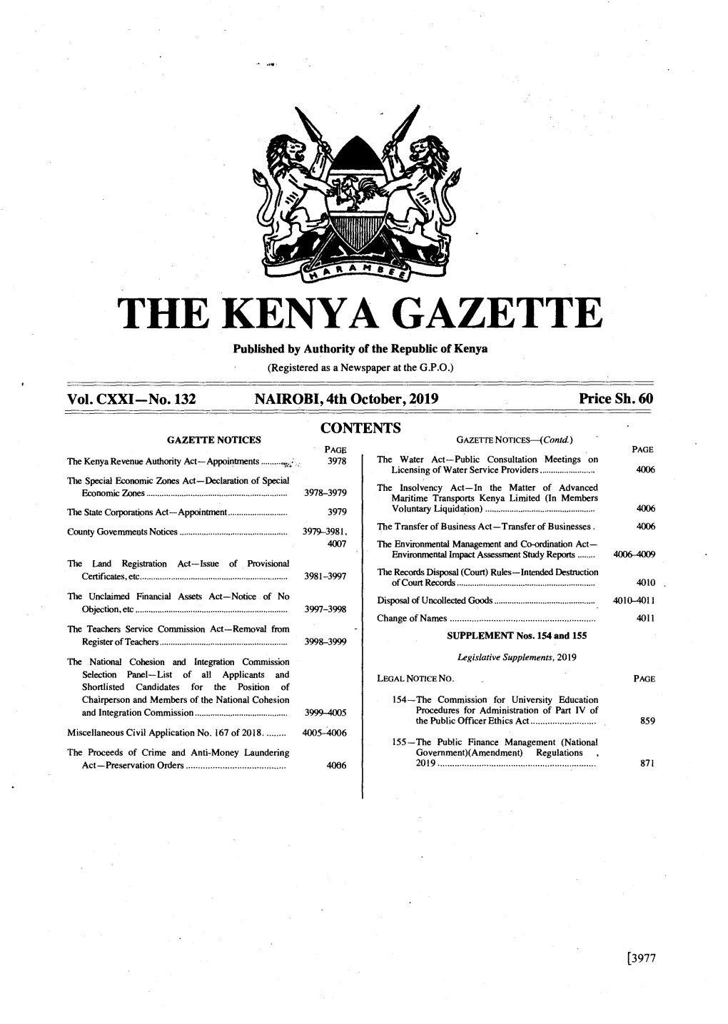 THE KENYA GAZETTE Published by Authority of the Republic of Kenya (Registered As a Newspaper at the G.P.O.)