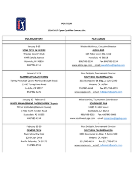PGA TOUR 2016-2017 Open Qualifier Contact List PGA TOUR EVENT PGA SECTION January 9-15 Wesley Wailehua, Executive Director SONY
