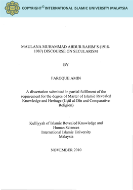 Maulana Muhammad Abdur Rahim's (1918- 1987) Discourse on Secularism