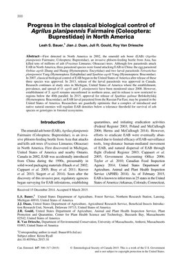 Progress in the Classical Biological Control of Agrilus Planipennis Fairmaire (Coleoptera: Buprestidae) in North America Leah S