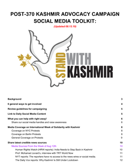 POST-370 KASHMIR ADVOCACY CAMPAIGN SOCIAL MEDIA TOOLKIT: (Updated 08.13.19)