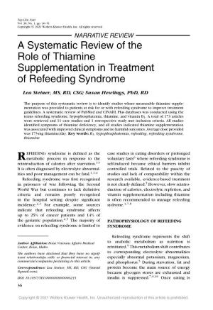 A Systematic Review of the Role of Thiamine Supplementation in Treatment of Refeeding Syndrome