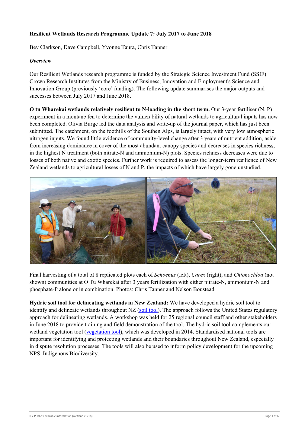 Resilient Wetlands Research Programme Update 7: July 2017 to June 2018