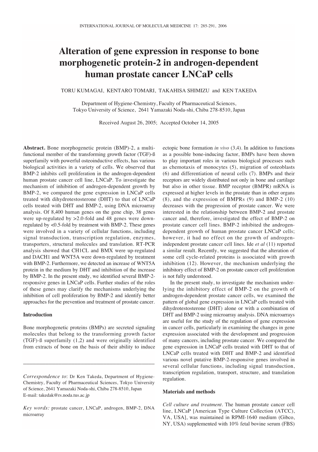 Alteration of Gene Expression in Response to Bone Morphogenetic Protein-2 in Androgen-Dependent Human Prostate Cancer Lncap Cells