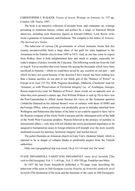 CHRISTOPHER J. WALKER: Visions of Ararat. Writings on Armenia. Ix, 157 Pp