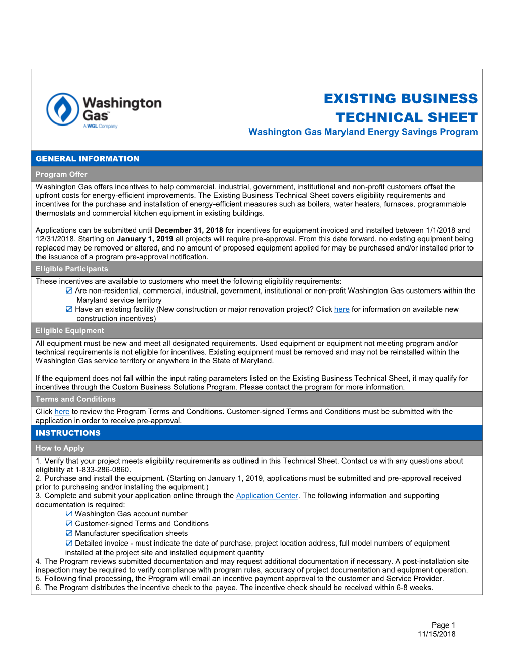 EXISTING BUSINESS TECHNICAL SHEET Washington Gas Maryland Energy Savings Program