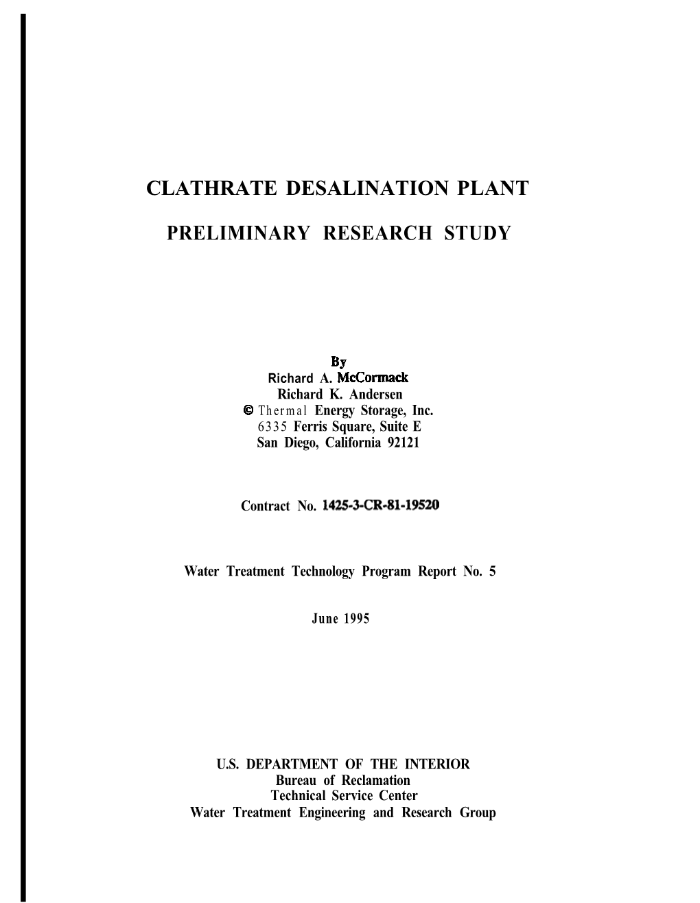 Clathrate Desalination Plant, Preliminary Research Study