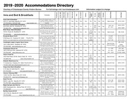 2019 -2020 Accommodations Directory Courtesy of Chautauqua County Visitors Bureau for Full Listings Visit: Tourchautauqua.Com Information Subject to Change