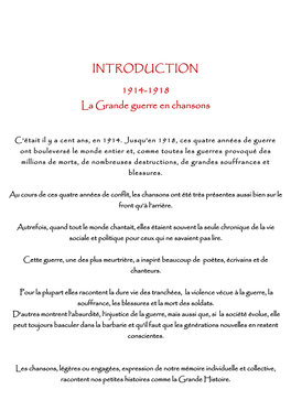 INTRODUCTION 1914-1918 La Grande Guerre En Chansons