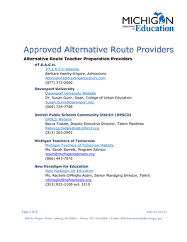Approved Alternative Route Providers Alternative Route Teacher Preparation Providers #T.E.A.C.H