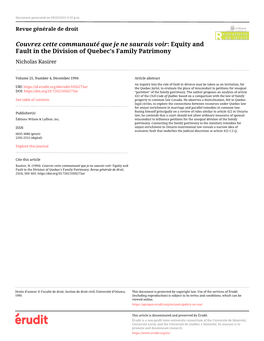 Equity and Fault in the Division of Quebec's Family Patrimony