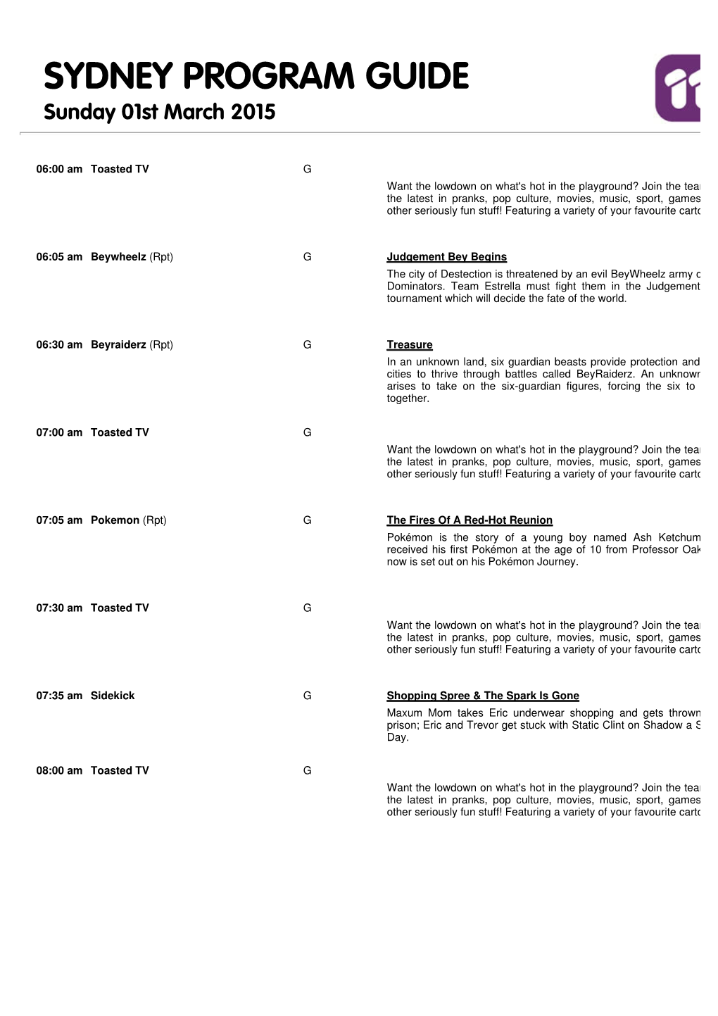 SYDNEY PROGRAM GUIDE Sunday 01St March 2015