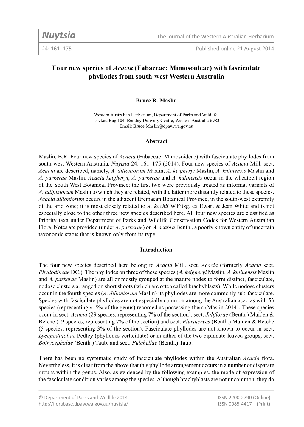 Nuytsia the Journal of the Western Australian Herbarium 24: 161–175 Published Online 21 August 2014