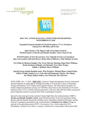 Doc Nyc Announces Full Lineup for Ninth Edition November 8-15, 2018