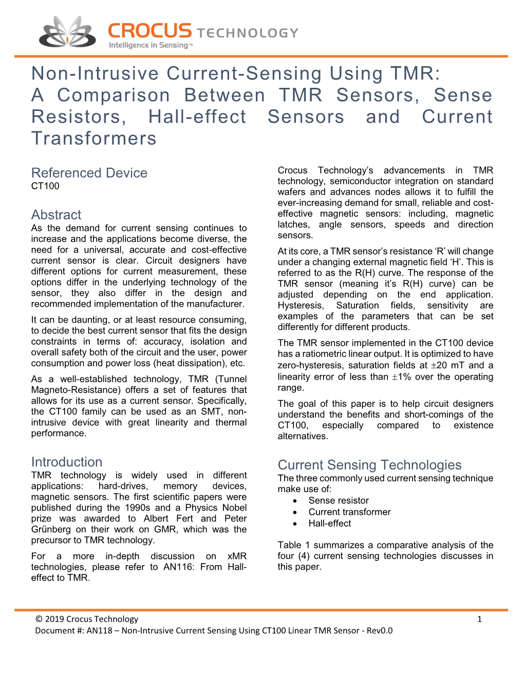 Non-Intrusive Current-Sensing Using TMR: a Comparison Between TMR Sensors, Sense Resistors, Hall-Effect Sensors and Current Transformers