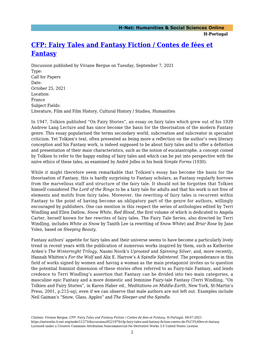 CFP: Fairy Tales and Fantasy Fiction / Contes De Fées Et Fantasy