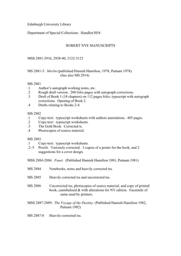 Robert Nye Manuscripts