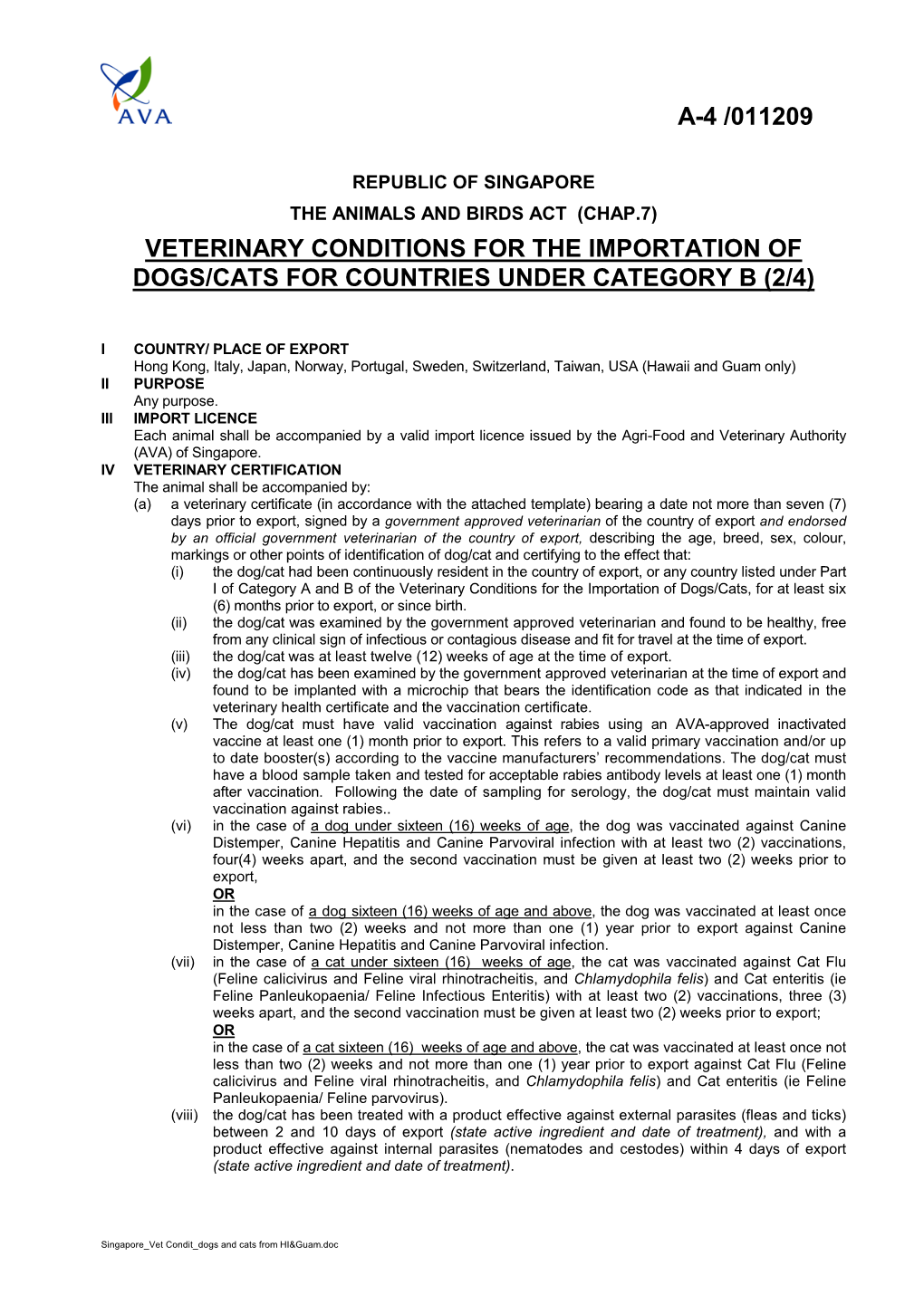 Veterinary Conditions for the Importation of Dogs/Cats for Countries Under Category B (2/4)