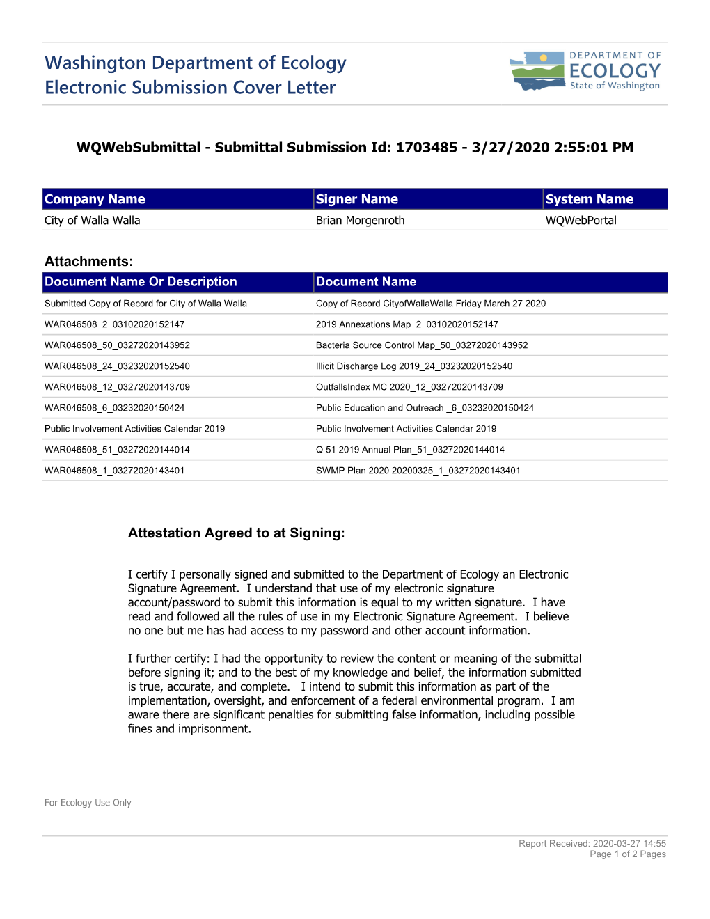 Washington Department of Ecology Electronic Submission Cover Letter