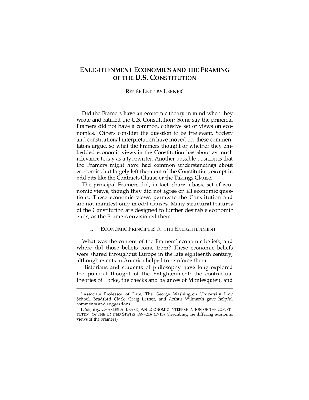 Enlightenment Economics and the Framing of the U.S. Constitution