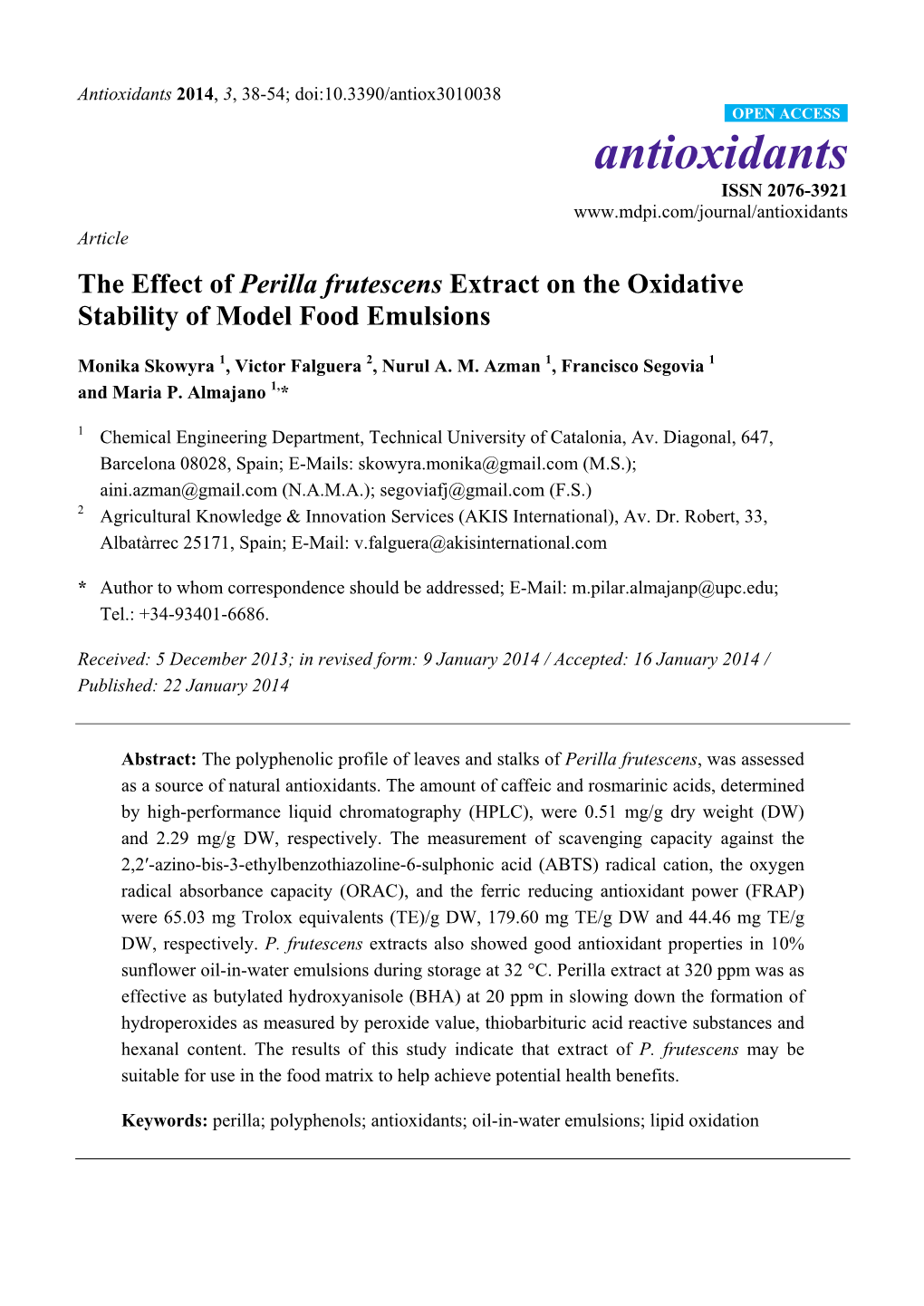 The Effect of Perilla Frutescens Extract on the Oxidative Stability of Model Food Emulsions