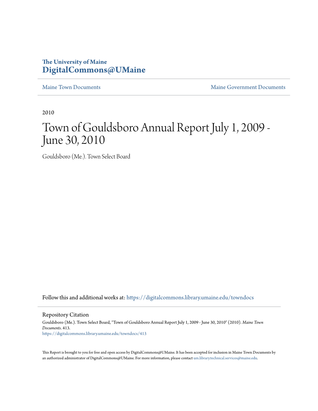 Town of Gouldsboro Annual Report July 1, 2009 - June 30, 2010 Gouldsboro (Me.)