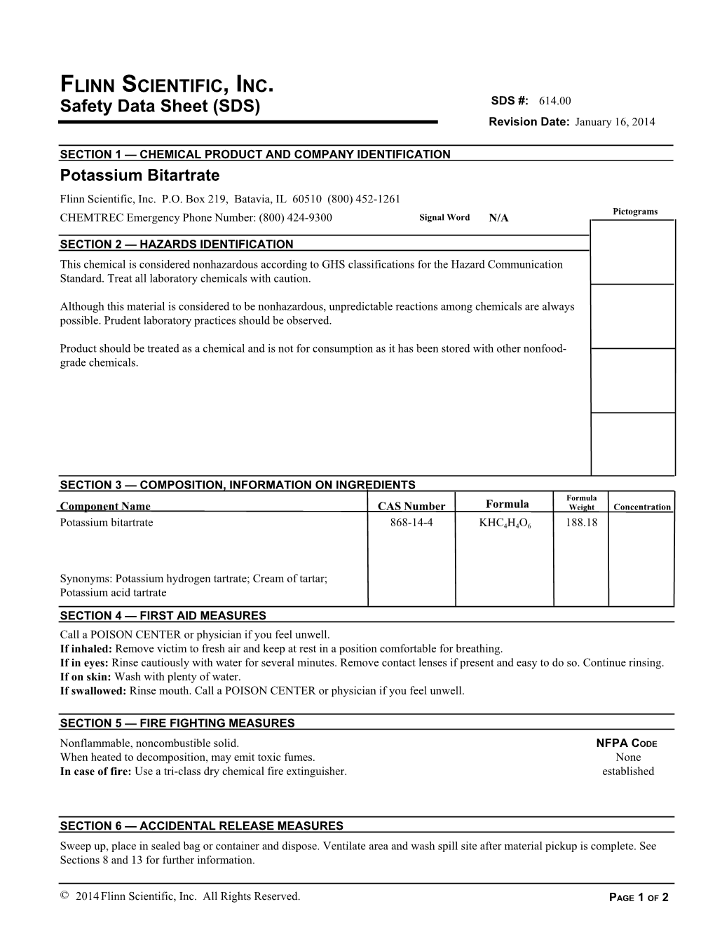 Potassium Bitartrate Flinn Scientific, Inc