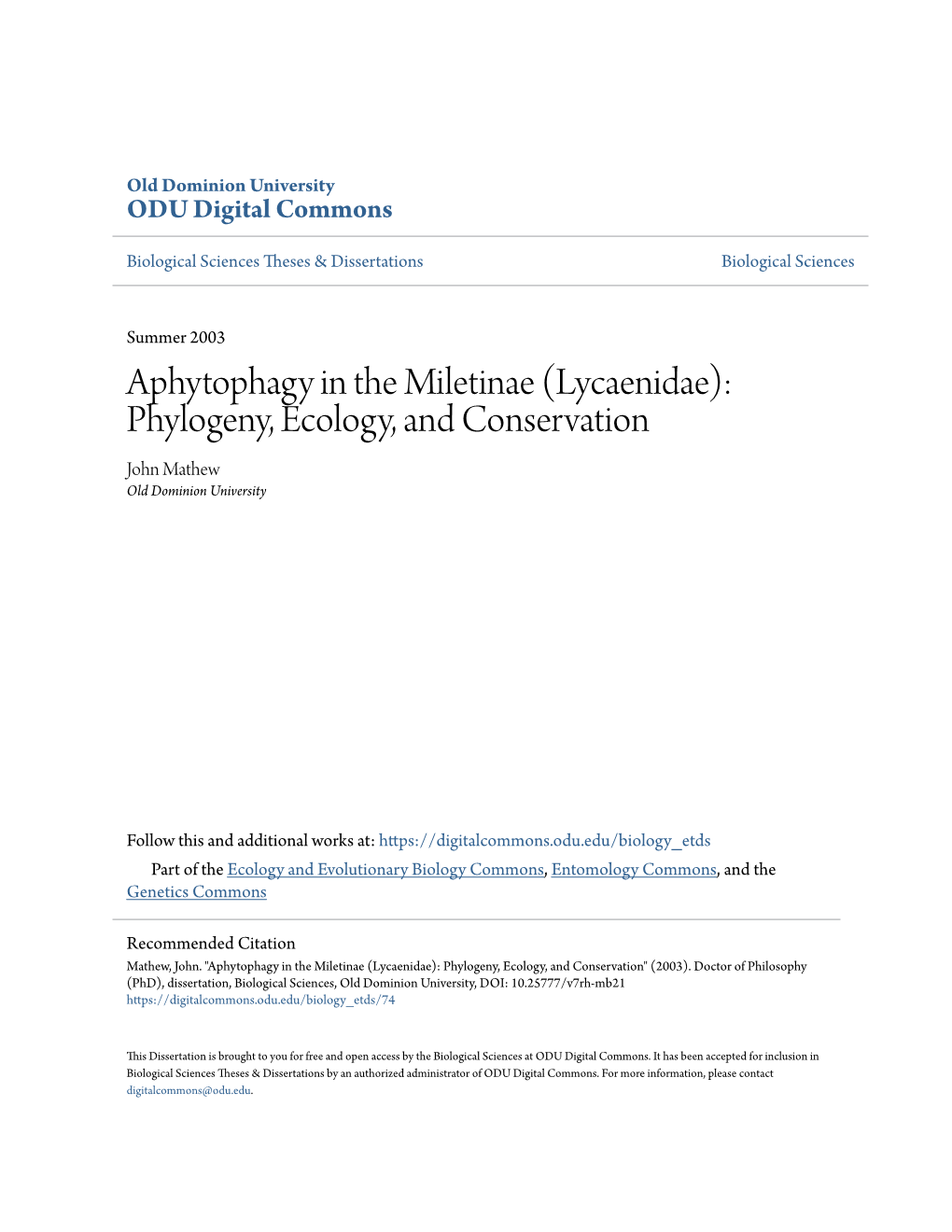 Lycaenidae): Phylogeny, Ecology, and Conservation John Mathew Old Dominion University