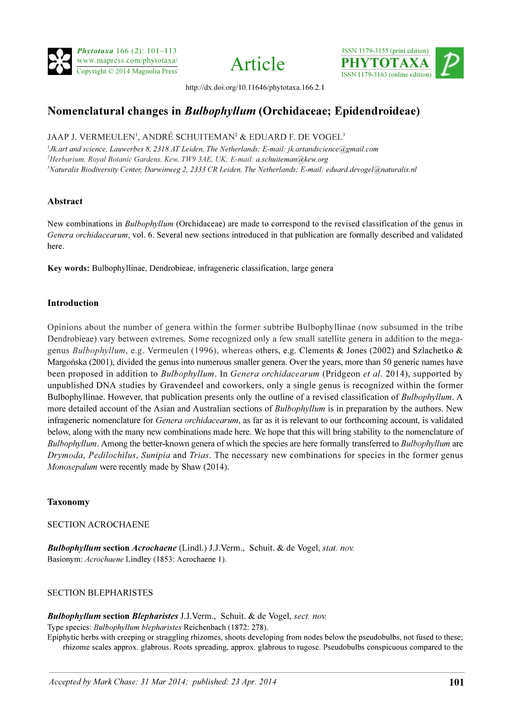 Nomenclatural Changes in Bulbophyllum (Orchidaceae; Epidendroideae)