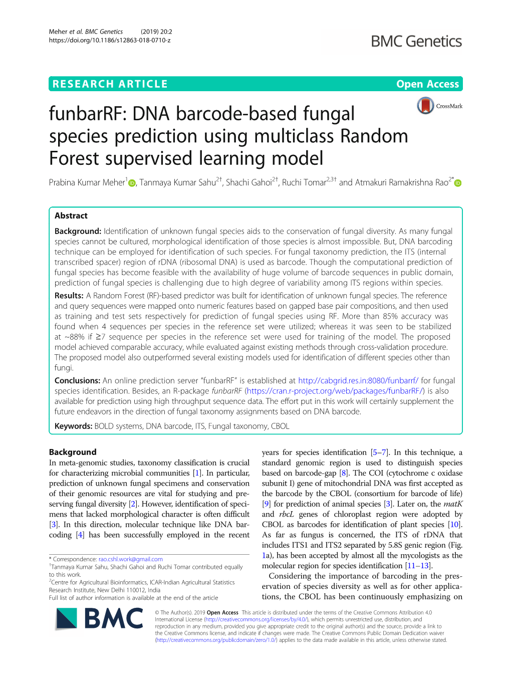 DNA Barcode-Based Fungal Species Prediction Using Multiclass Random