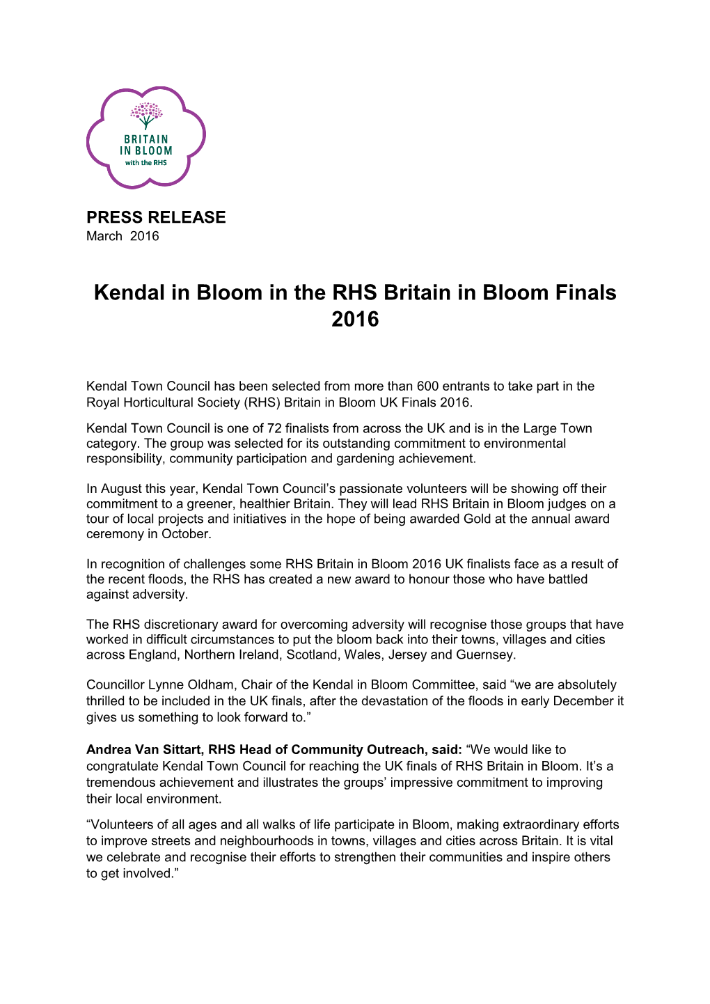 Kendal in Bloom in the RHS Britain in Bloom Finals 2016
