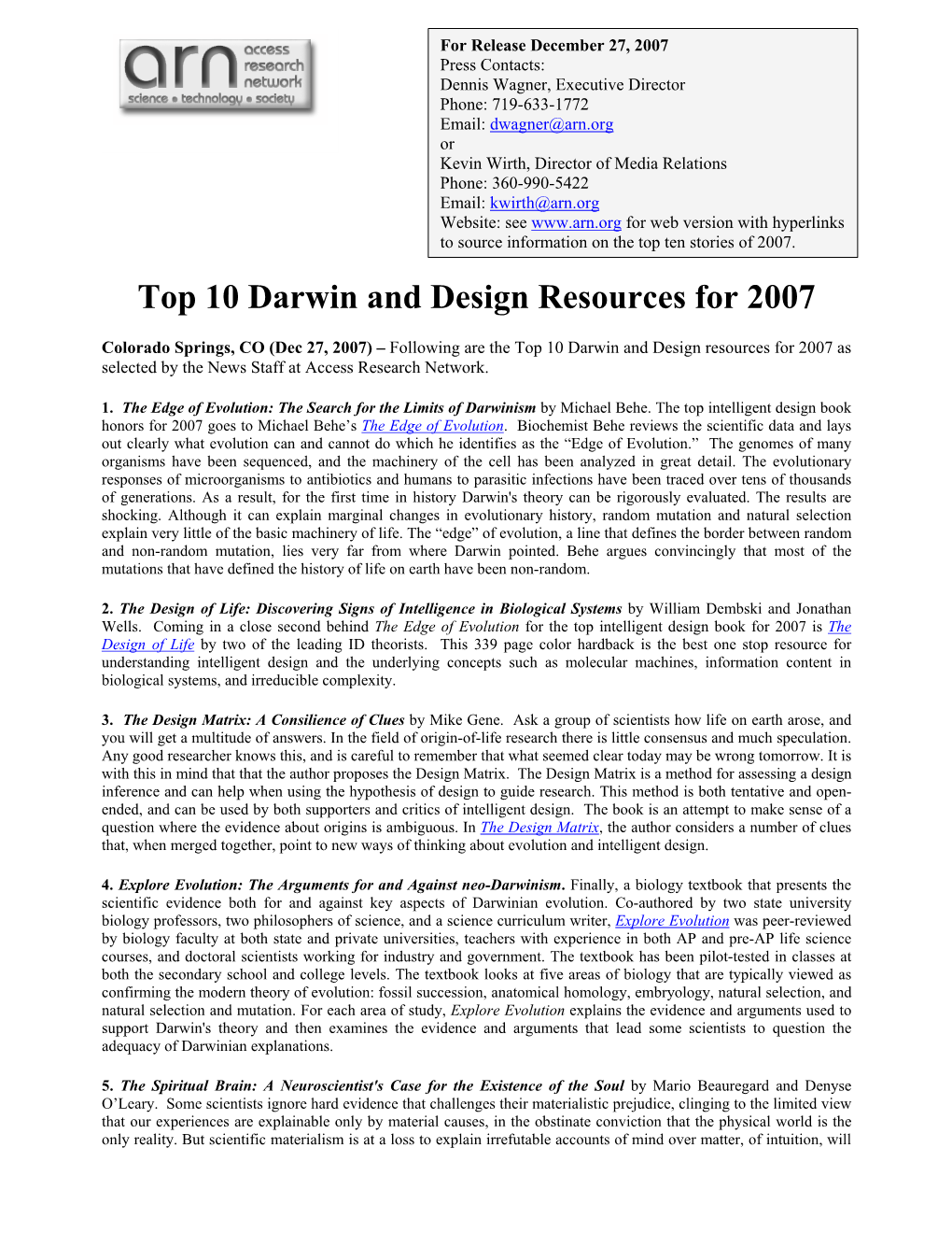Top 10 Darwin and Design Resources for 2007