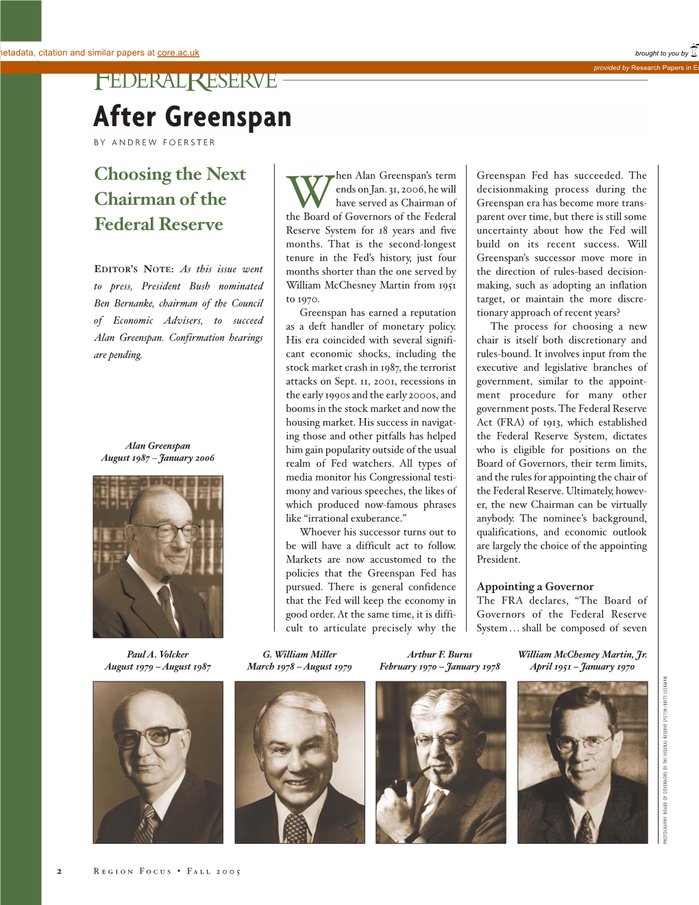 After Greenspan: Choosing the Next Chairman of the Federal Reserve