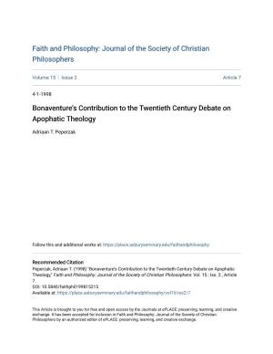 Bonaventure's Contribution to the Twentieth Century Debate on Apophatic Theology