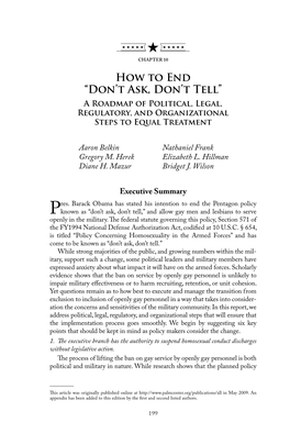How to End “Don’T Ask, Don’T Tell” a Roadmap of Political, Legal, Regulatory, and Organizational Steps to Equal Treatment