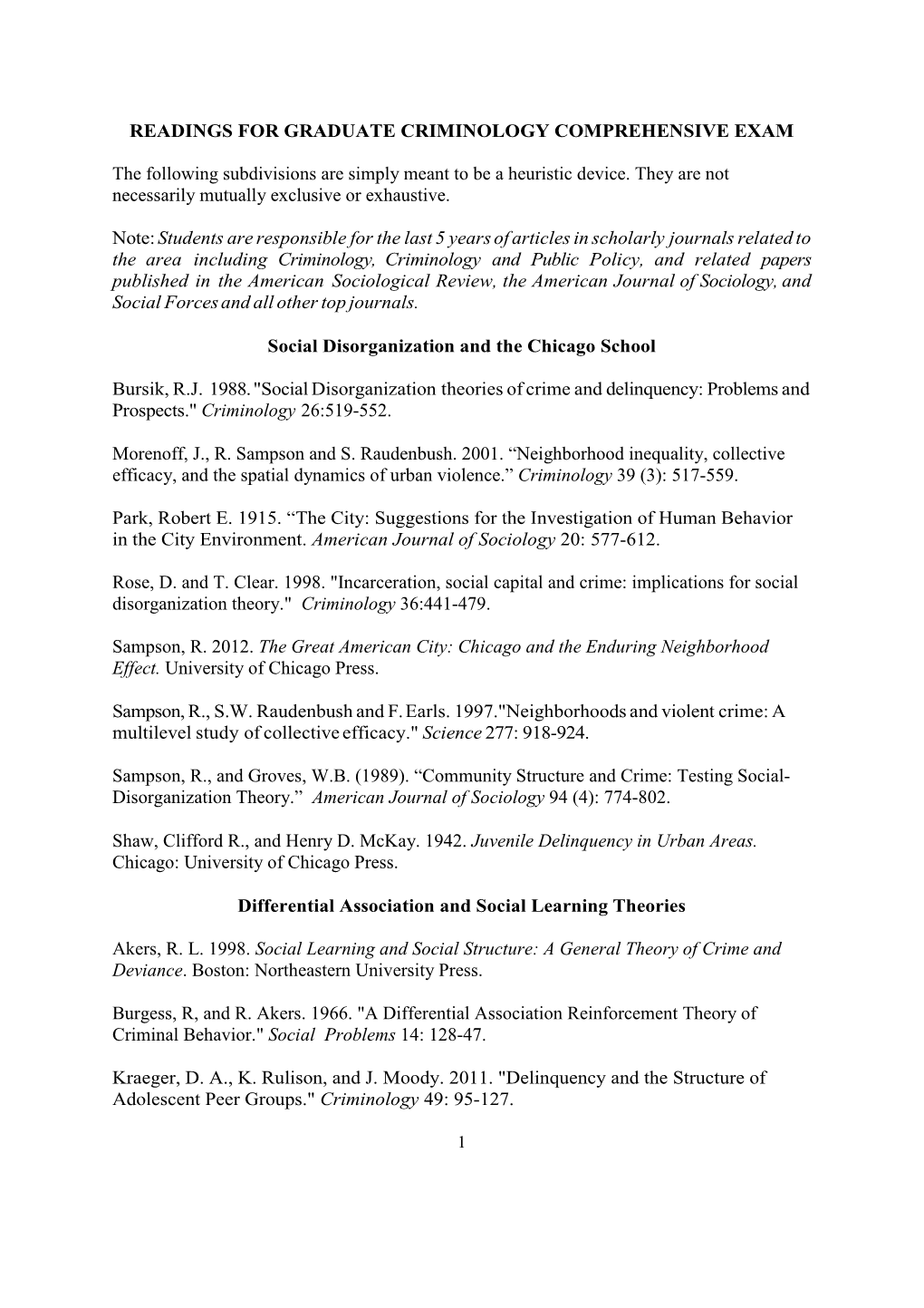 Readings for Graduate Criminology Comprehensive Exam