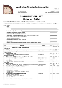 October 2014 the Australian Timetable Association Auction 58 Catalogue Is Printed As a Separate Document
